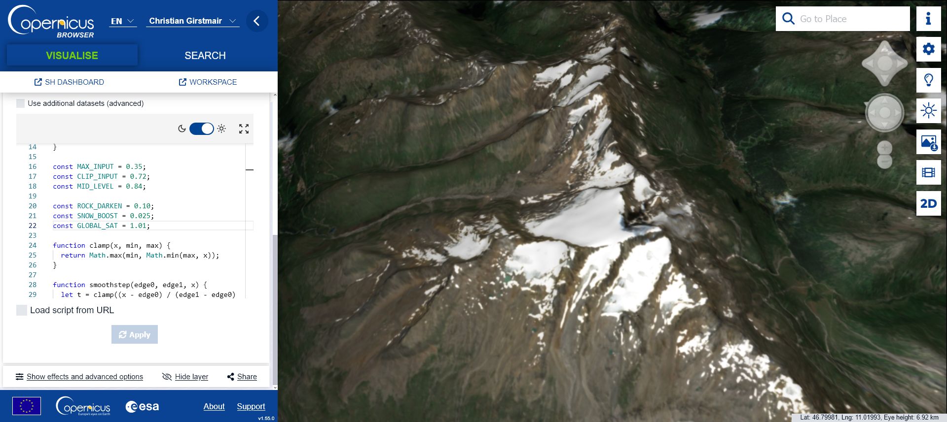 Copernicus Browser while selecting a satellite image for a glacier comparison