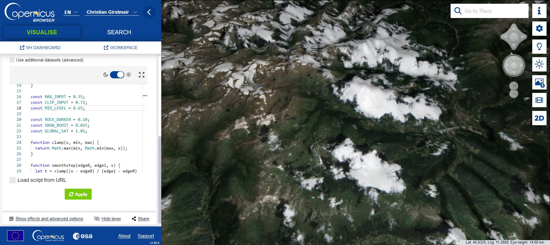 Copernicus Browser with the custom visualisation used for glacier comparisons